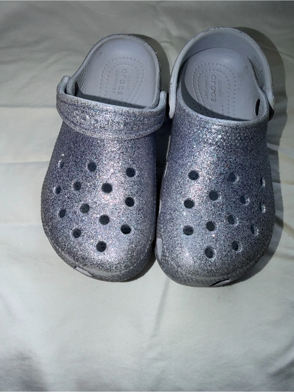 CROCS Kids Glitter Clog Sandals - White/Silver Glitter